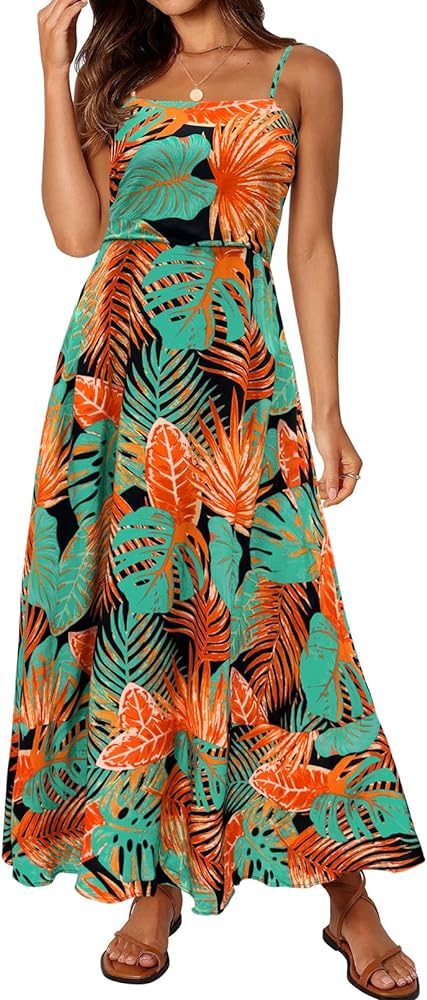 MEROKEETY Women's 2024 Summer Floral Boho Maxi Dresses Casual Sleeveless Spaghetti Strap Smocked Long Beach Dress