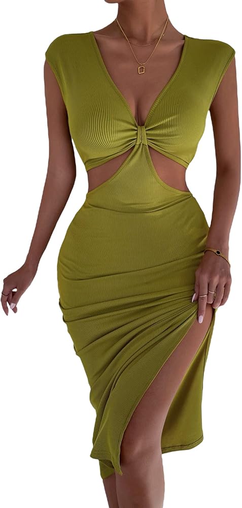 SOLY HUX Women's Sleeveless Deep V Neck Twist Front Cut Out Split Hem Bodycon Dress