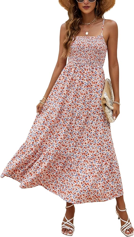 Lamilus Sundresses for Women Summer Casual Floral Dresses Sleeveless Spaghetti Strap Smocked Tiered Beach Party Maxi Dress