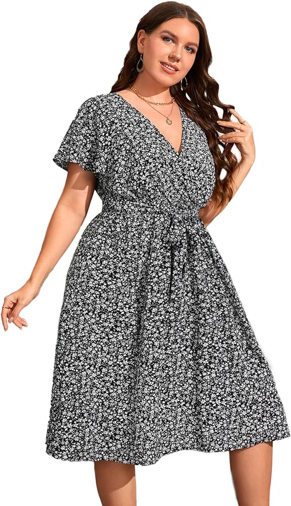 Floerns Women's Plus Size Polka Dots Wrap V Neck Short Sleeve A Line Midi Dress