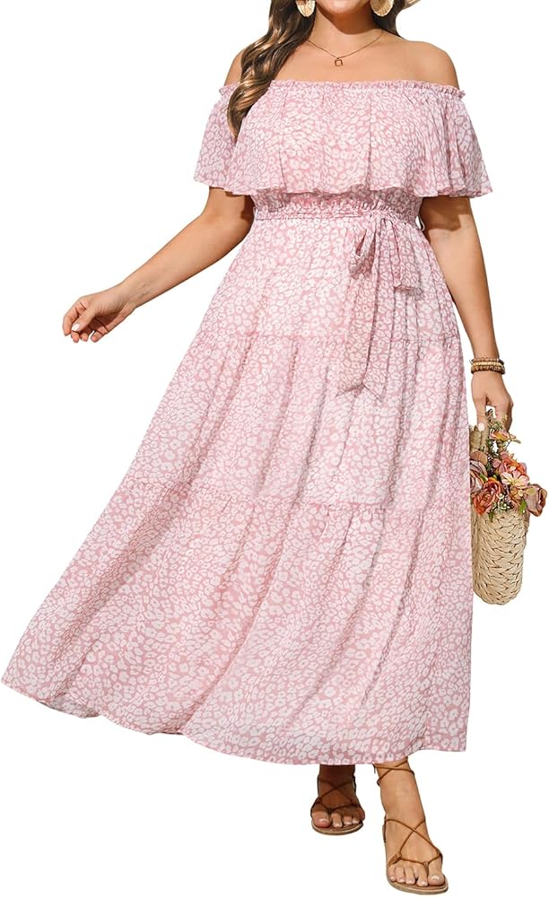 Plus Size Chiffon Off The Shoulder Maxi Long Floral Summer Casual Beach Boho Sundress Women 2024