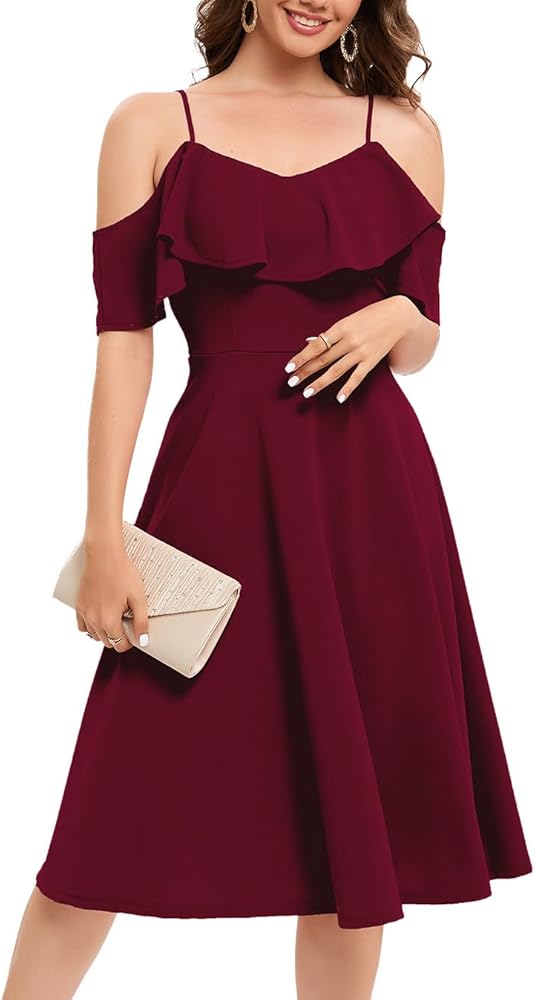 Bbonlinedress Womens Off Shoulder Summer Cocktail Swing Dress Wedding Guest Party A Line Midi Dress