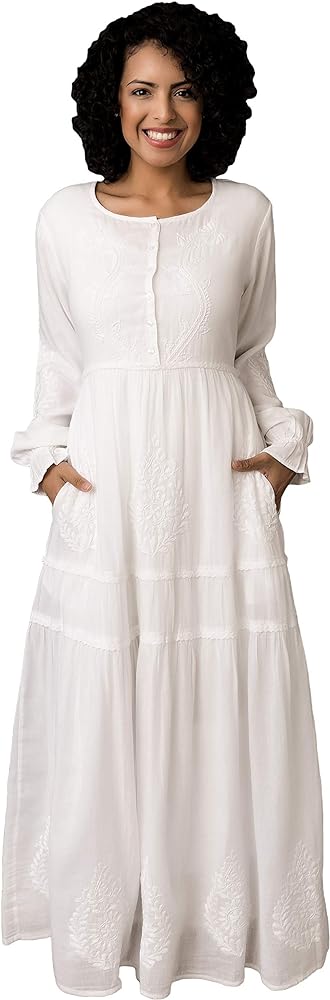 Women's Modest White Full Length Long Sleeve Cotton Special Occasion Dress with Button Down Front