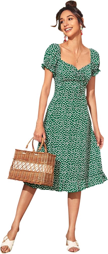 Floerns Women's Milkmaid Floral Print Puff Sleeve Square Neck Slit Hem Midi Dress