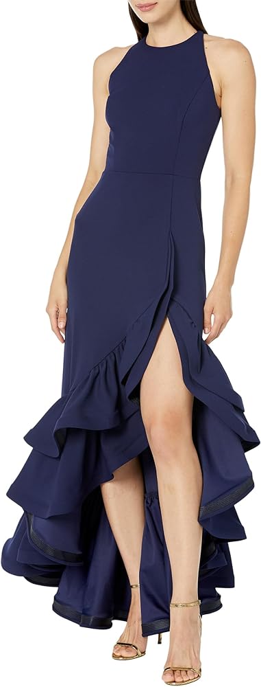 Betsy & Adam Women's Long Halter Crepe Tiered Ruffle Gown