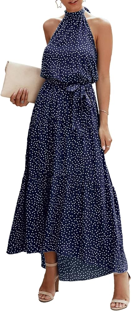 PRETTYGARDEN Women’s Casual Halter Neck Sleeveless Floral Long Maxi Dress Backless Loose Ruffle Sundress with Belt