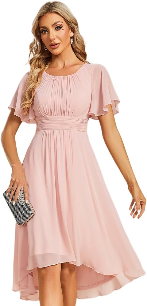 Ever-Pretty Women's Crew Neck Pleated Waist Short Sleeve Wedding Guest Dress Chiffon Bridesmaid Dresses 02053