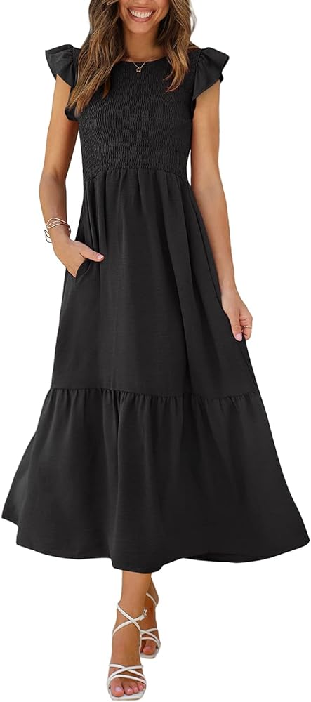 OFEEFAN Women's Casual Maxi Dresses with Pockets Ruffle Sleeve Smocked Dress XS-2XL