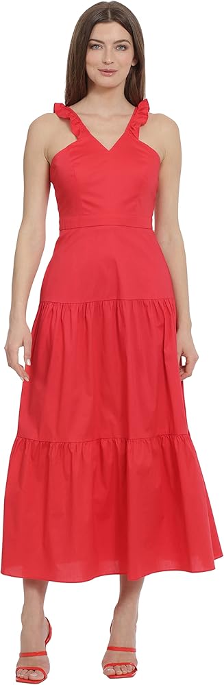 Maggy London Women's Ruffle V-Neck Halter Tiered Maxi Vacation Resort Event Guest of