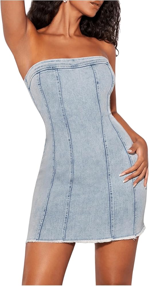 Floerns Women's Summer Strapless Raw Hem Tube Bodycon Denim Corset Mini Dress