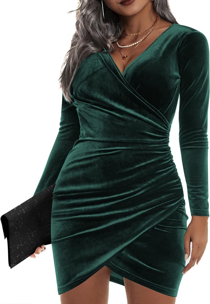 IN'VOLAND Womens Plus Size Long Sleeve Velvet Bodycon Dresses Ruched Wrap V Neck Cocktail Party Dress