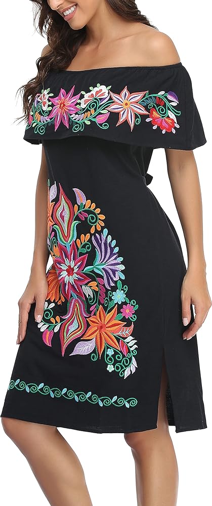 YZXDORWJ Women Mexican Embroidered Dress Ruffle Collar Sleeveless