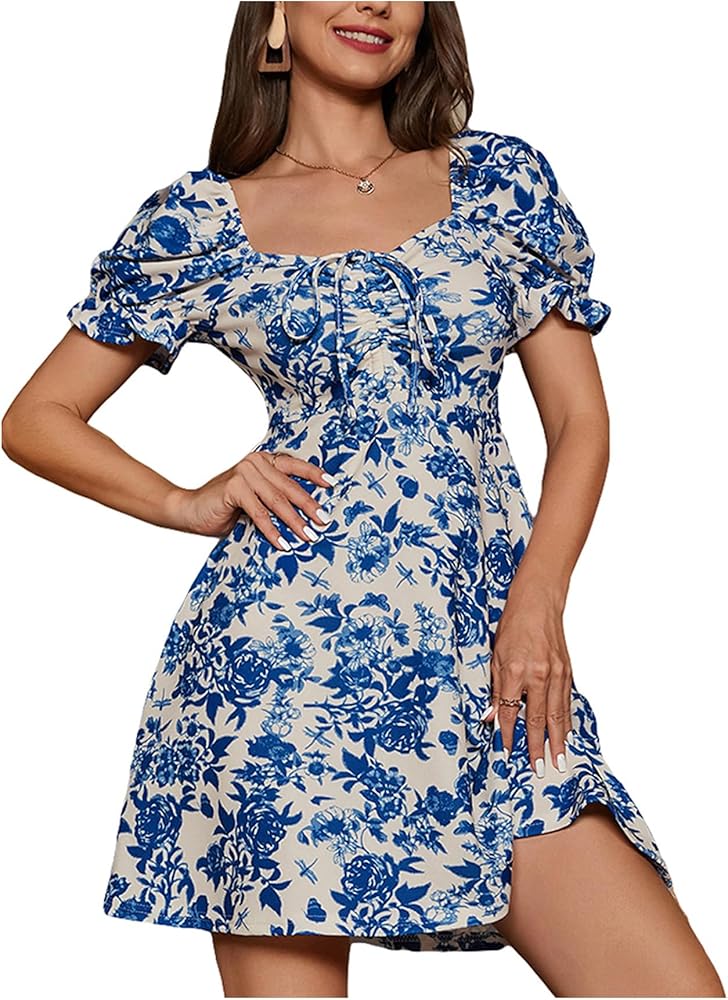 Verdusa Women's Floral Puff Short Sleeve Ruched A Line Dress V Neck Ruffle Mini Short Dresses