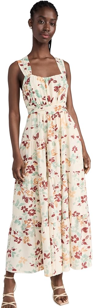 MOON RIVER Women's Floral Sleeveless Smocked Back Tie Tiered Shirred Midi Dress