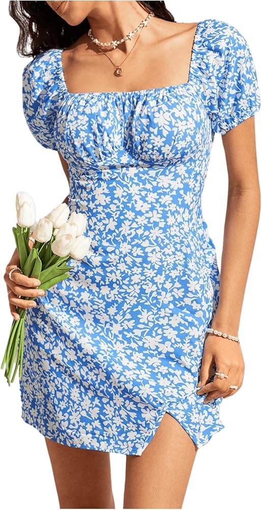 Floerns Women's Floral Print Mini Dress Square Neck Short Sleeve Summer Dress