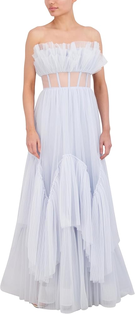 BCBGMAXAZRIA Women's Strapless Sweetheart Neck Evening Maxi Dress with Tiered Ruffle Skirt