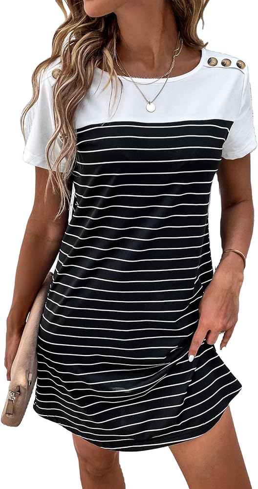 SOLY HUX Women's Striped Short Sleeve Tshirt Dresses Colorblock Button Summer Dress