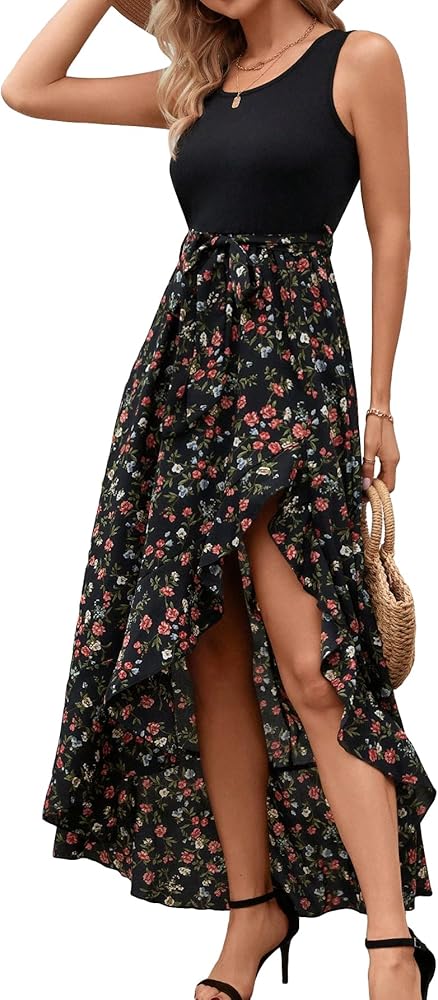 Milumia Women's Ditsy Floral Belted Ruffle Trim High Low Hem Sleeveless Flowy Maxi Dress