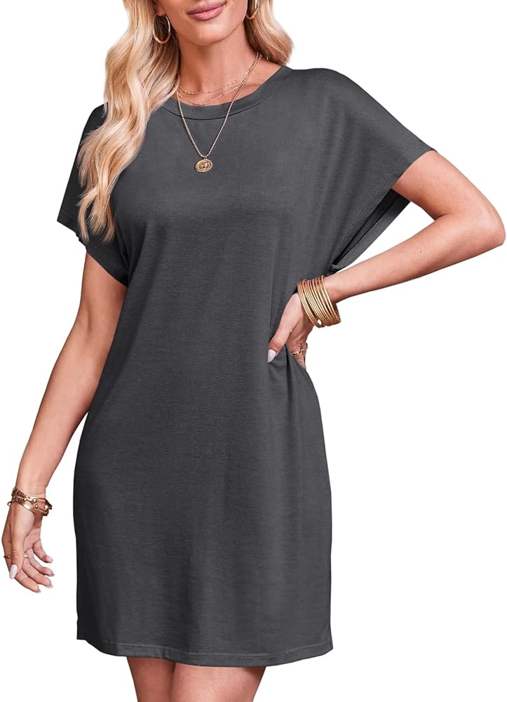 Fisoew Women's T Shirt Dress Summer Casual Short Sleeve Crewneck Batwing Loose Side Split Mini Dress