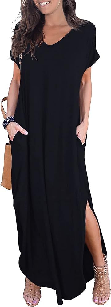 GRECERELLE Women's Casual Loose Pocket Long Dress Short Sleeve Split Maxi Dresses