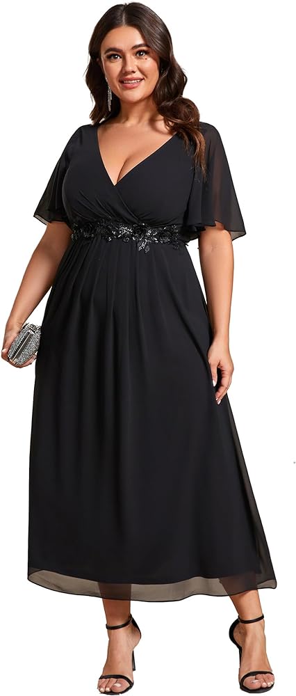 Ever-Pretty Women's V Neck Pleated Plus Size Ruffles Sleeves Tea Length Wedding Guest Dresses 02093