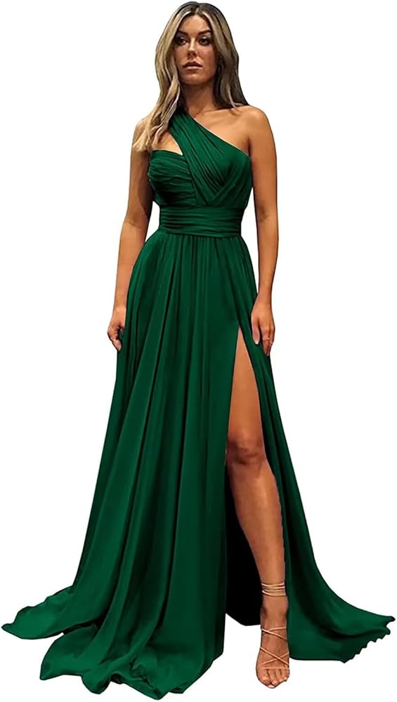 One Shoulder Bridesmaid Dresses for Wedding with Pockets Split Long Formal Prom Evening Dress