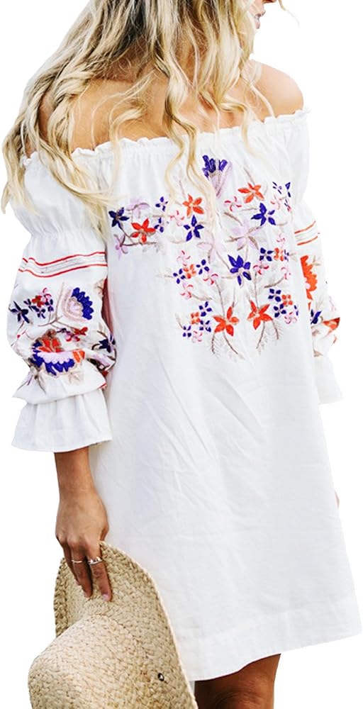 R.Vivimos Womens Floral Embroidered Off Shoulder Long Sleeve Short Dresses