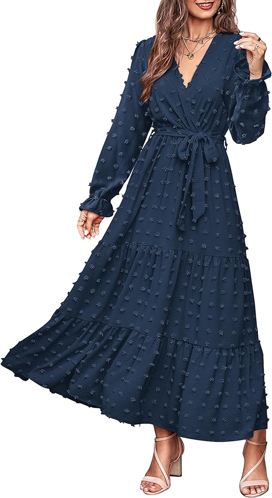 MASCOMODA Spring Dresses for Women 2024 Casual Swiss Dot V Neck Long Sleeve Maxi Dress Belted Long Flowy Wedding Guest Dress