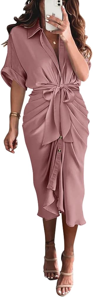 BTFBM Women 2024 Button Down Ruched Shirt Dresses Short Sleeve Lapel V Neck Elegant Party Spring Summer Maxi Satin Dress