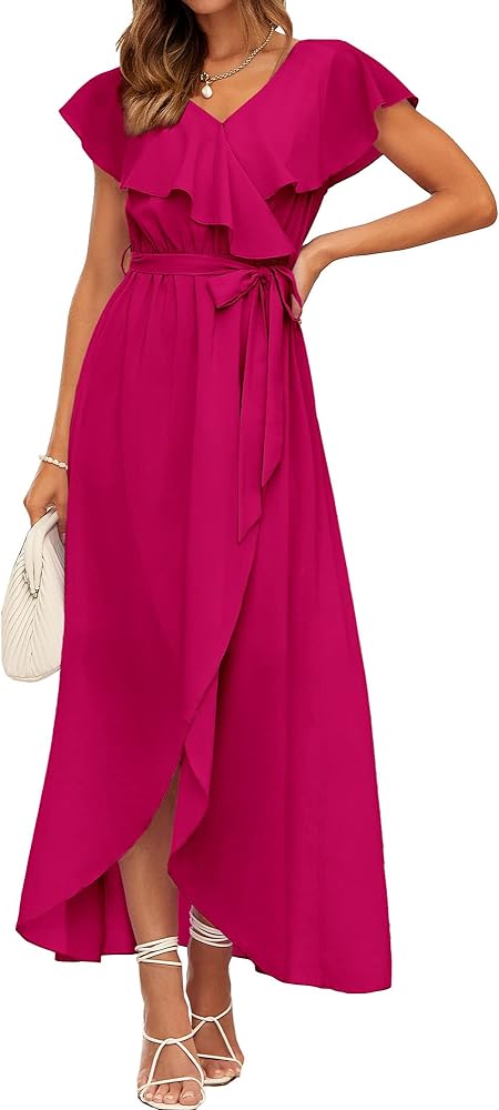 BTFBM Women's Summer Chiffon Maxi Dresses Deep V Neck Ruffle Short Sleeve Beach Party Cocktail Flowy Wrap Dress with Belt