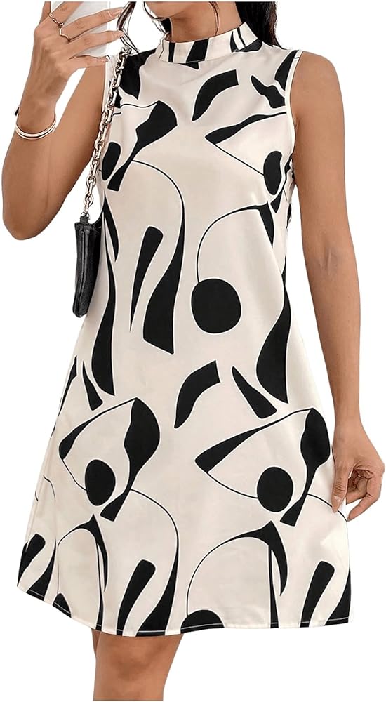 Floerns Women's Elegant Graphic Print Sleeveless Mock Neck Tank Work Dress