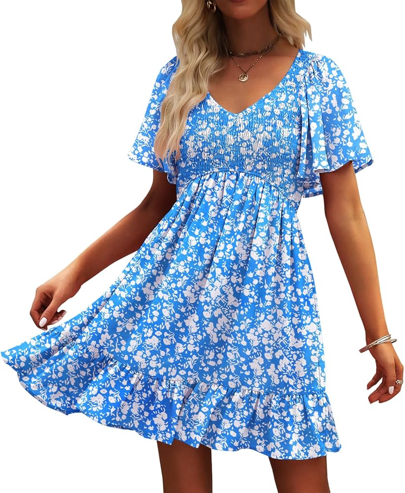 Womens Cute Smocked V Neck Flutter Sleeve Mini Dresses with Pockets Casual Flowy Summer Sundress for Women 2024