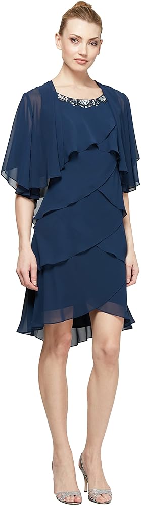 S.L. Fashions Women's Chiffon Tier Jacket Dress with Bead Neck