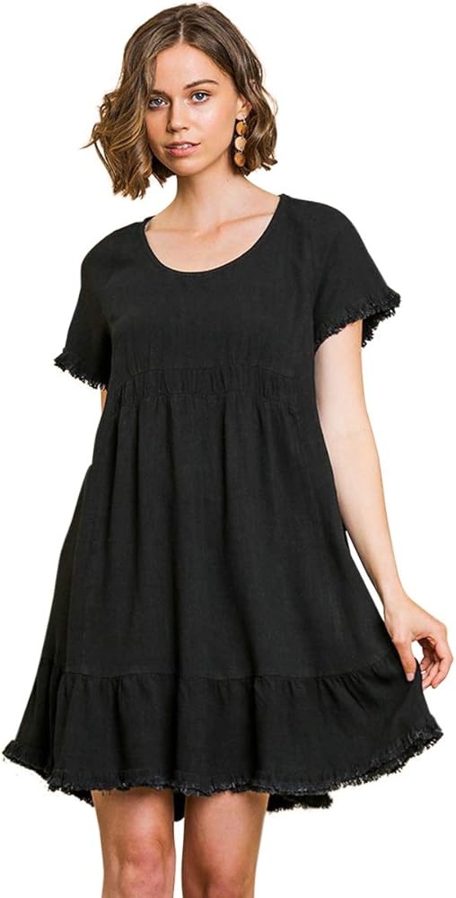 Umgee Women's Short Sleeve Round Neck Ruffle Trim Dress with Frayed Edges