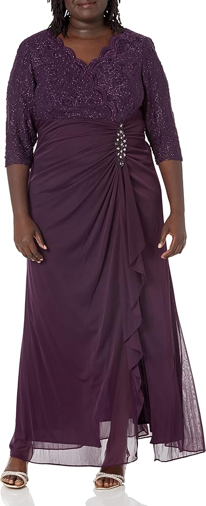 Alex Evenings Women's Size Long Top Empire Waist Dress, Eggplant Lace Plus, 20W