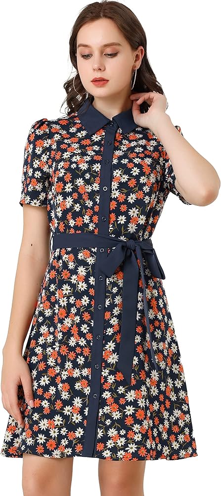 Allegra K Women's Short Sleeve Contrast Collar Belted Floral Shirt Dress