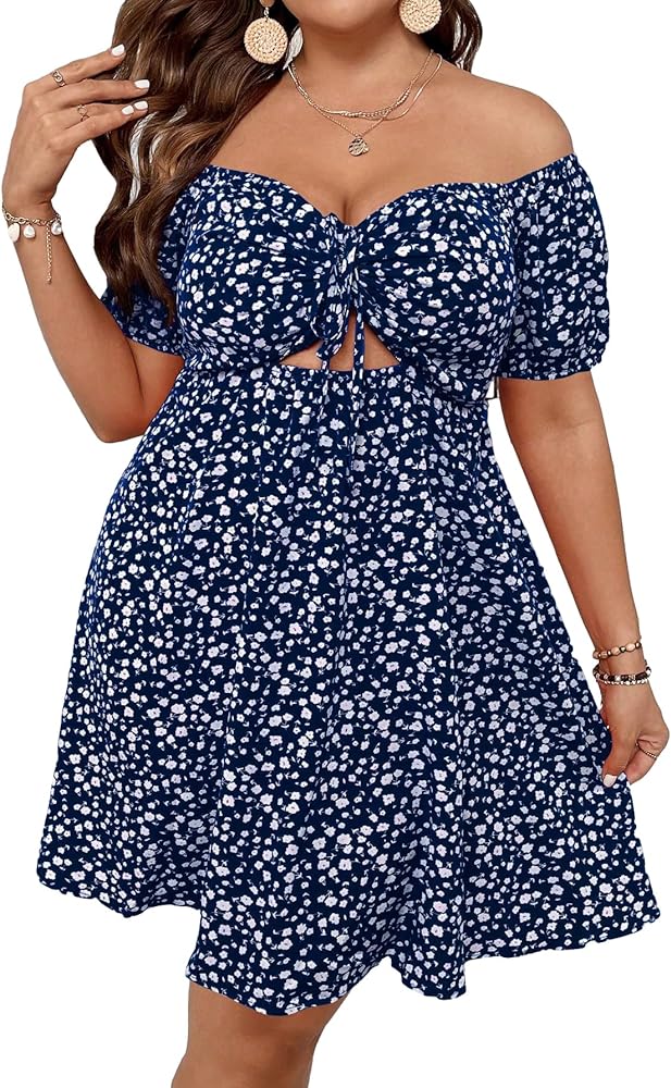 SOLY HUX Women's Plus Size Ditsy Floral Print Dress Off Shoulder Short Sleeve Cut Out Tie Front Summer Short Dresses