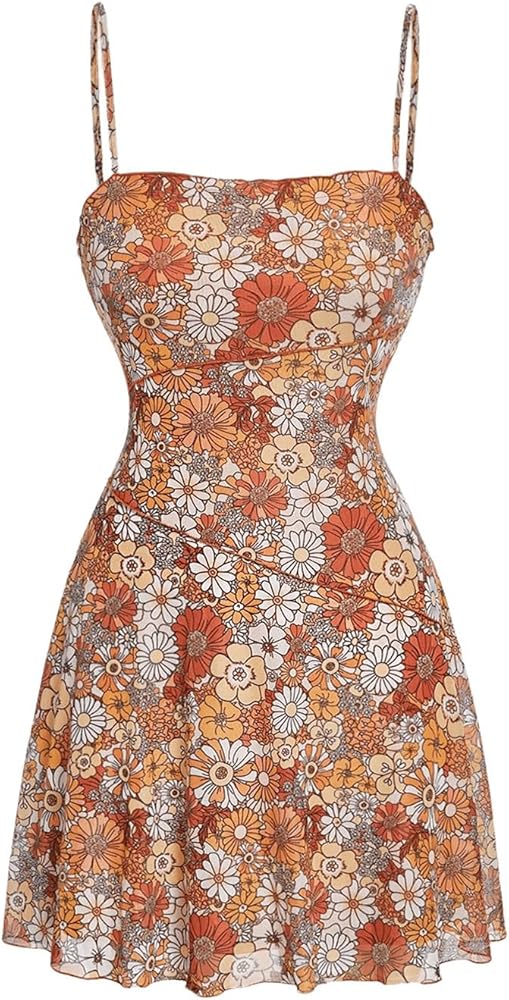 Verdusa Women's 70s Floral Print Mesh Sleeveless Ruffle Hem A Line Flared Cami Dress