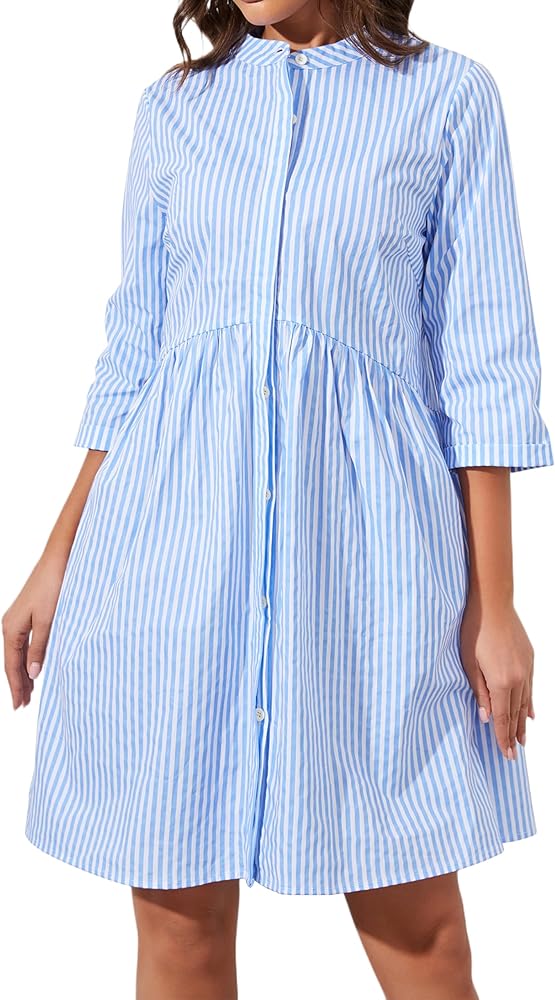 Womens Striped Shirt Dresses Casual Button Down Collared Tunic Blouse Mini Dress Loose Fit 3/4 Sleeve Patchwork Dress