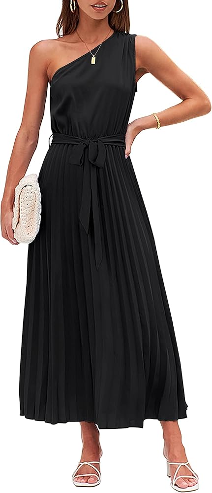 MEROKEETY Womens 2024 One Shoulder Sleeveless Pleated Tie Waist A Line Flowy Party Maxi Dress