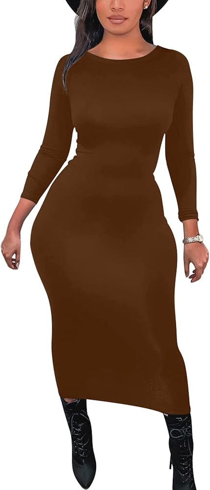 Mokoru Women's Casual Bodycon Long Sleeve Sexy Tight Club Party Midi Pencil Dresses