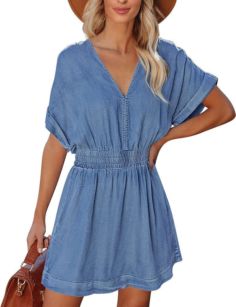 LookbookStore Denim Dress for Women Chambray Batwing Sleeves Smocked Waist A-line Short Jean Dresses with Pockets