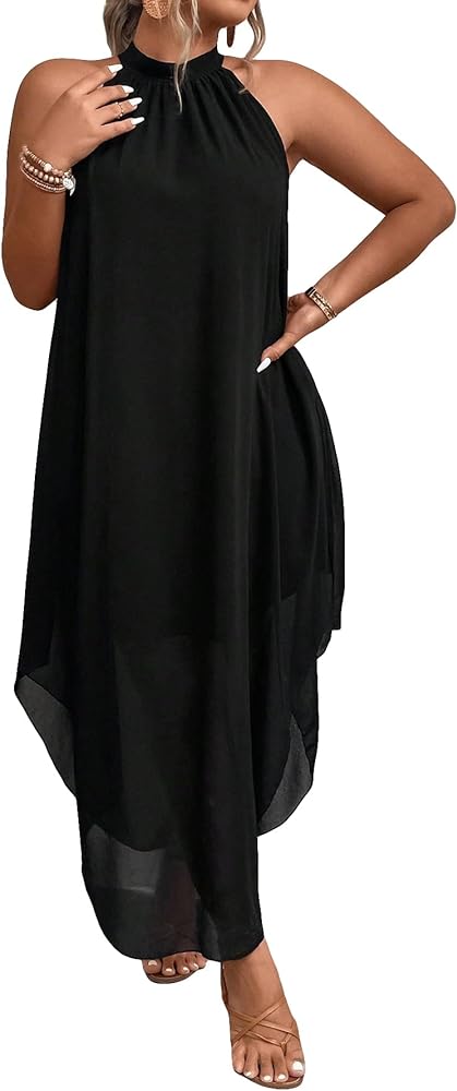 SOLY HUX Women's Plus Size Asymmetrical Hem Halter Tunic Dress Sleeveless Long Dresses