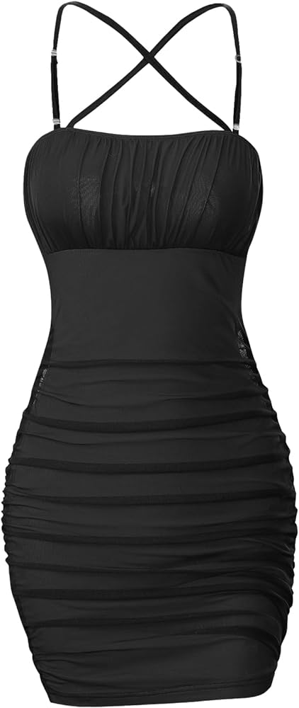 SOLY HUX Women's Mesh Ruched Spaghetti Strap Criss Cross Backless Mini Bodycon Cami Dress