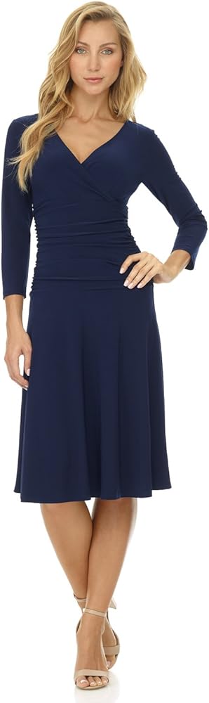 Rekucci Women's Slimming 3/4 Sleeve Fit-and-Flare Crossover Tummy Control Dress