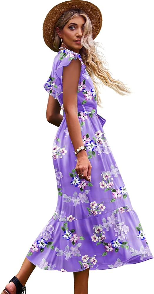 YESNO Women's 2023 Summer Casual Wrap V Neck Floral Dress Ruffle Cap Sleeve Elastic Waist Dresses with Pockets EP1