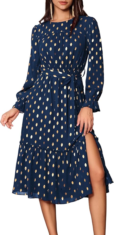 GRACE KARIN Women's Long Sleeve Midi A Line Dress Gold Dot Round Neck Ruffle Tiered Belt Wedding Guest Dress with Slit