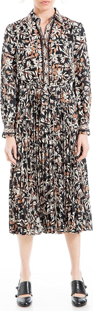 Max Studio Women's Long Sleeve Collared Pleated Dress