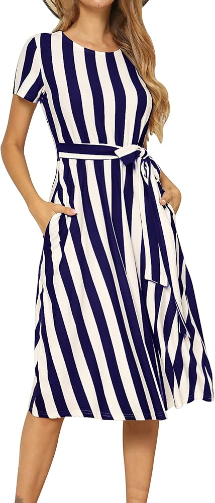 levaca Women's Short Sleeve Striped Casual Flowy Midi Belt Dress with Pockets