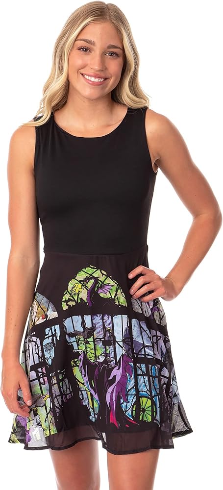 Disney Womens' Maleficent Sleeping Beauty Stained Glass Chiffon Tank Sleeveless Dress